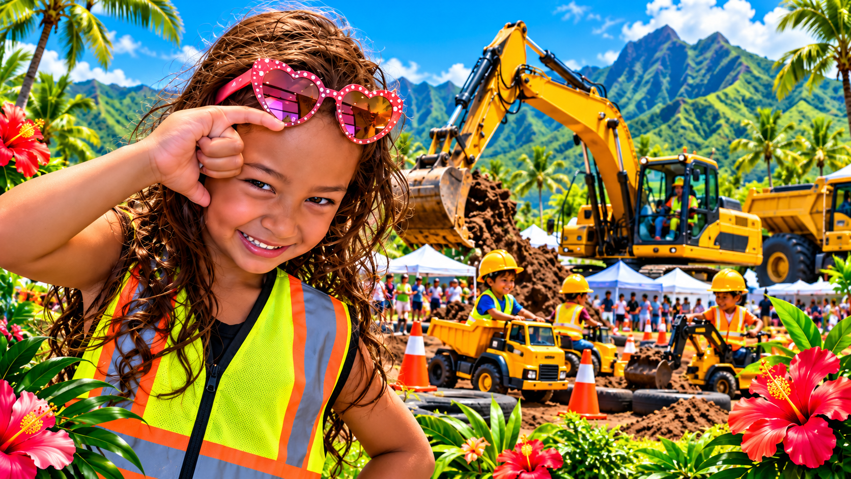 Keiki Construction Zone with a smiling child, excavator, and hands-on construction activities